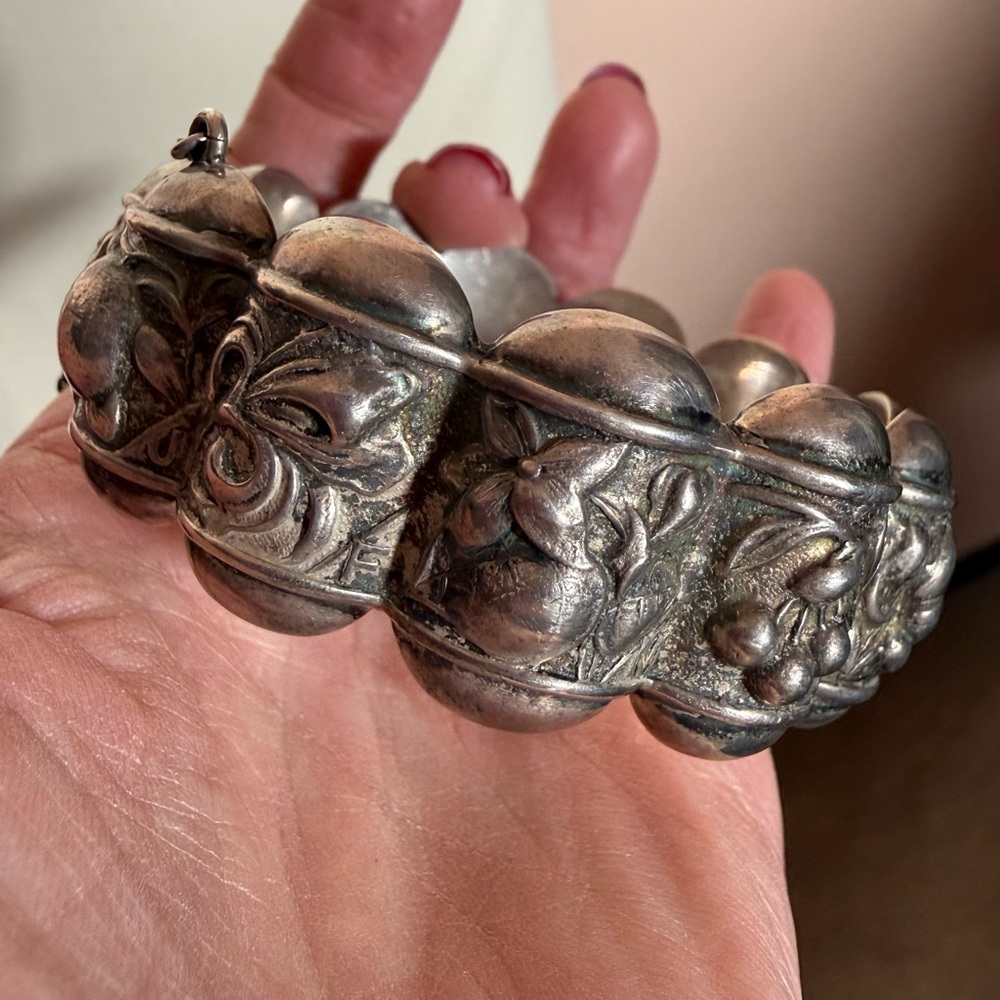 Antique victorian sterling silver Repoussé flower fruit wide bracelet Jason